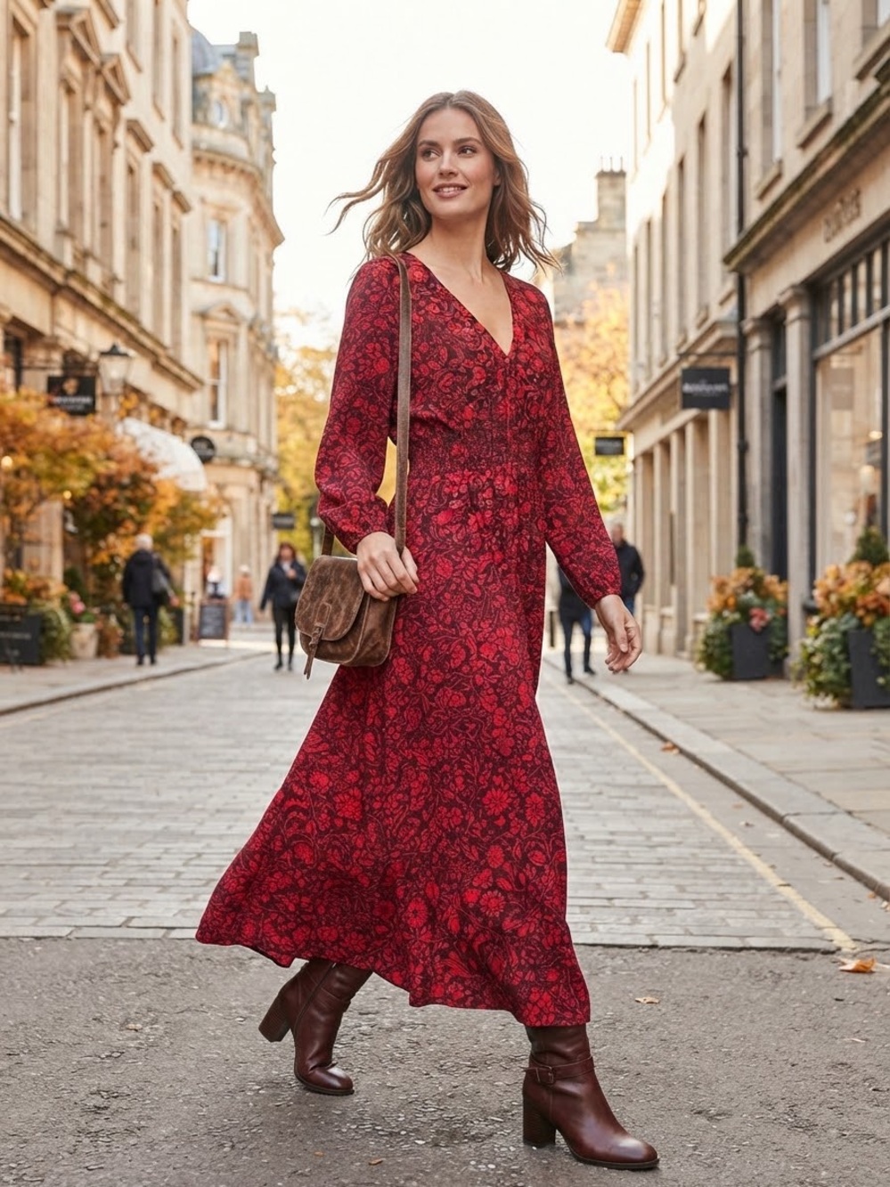 Knox Rose Size L Women's Red Floral V-Neck Long Sleeve Maxi Dress